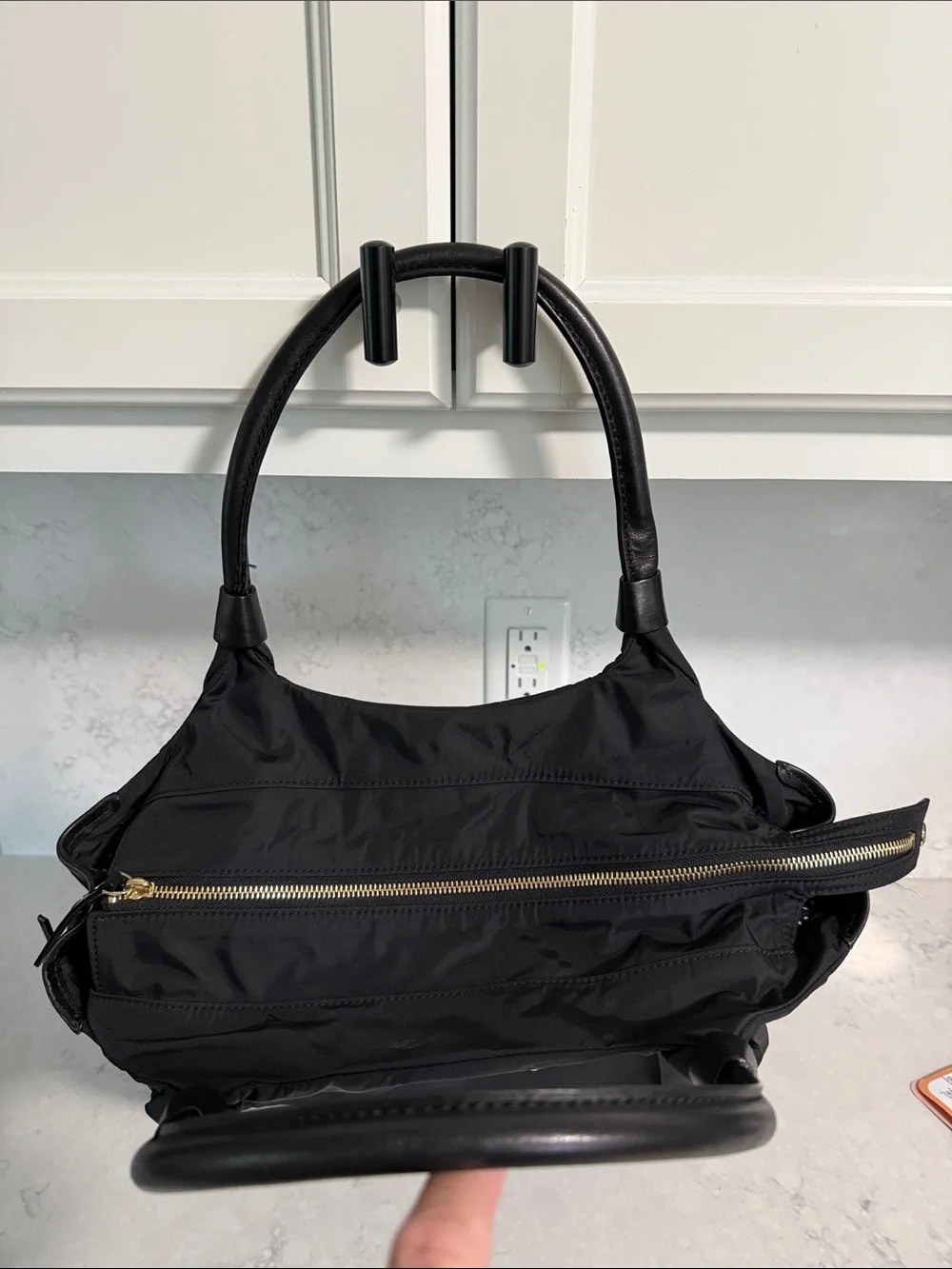 kate spade Black Nylon Shoulder Bag with Gold-Tone Plaque & Polka Dot Lining
